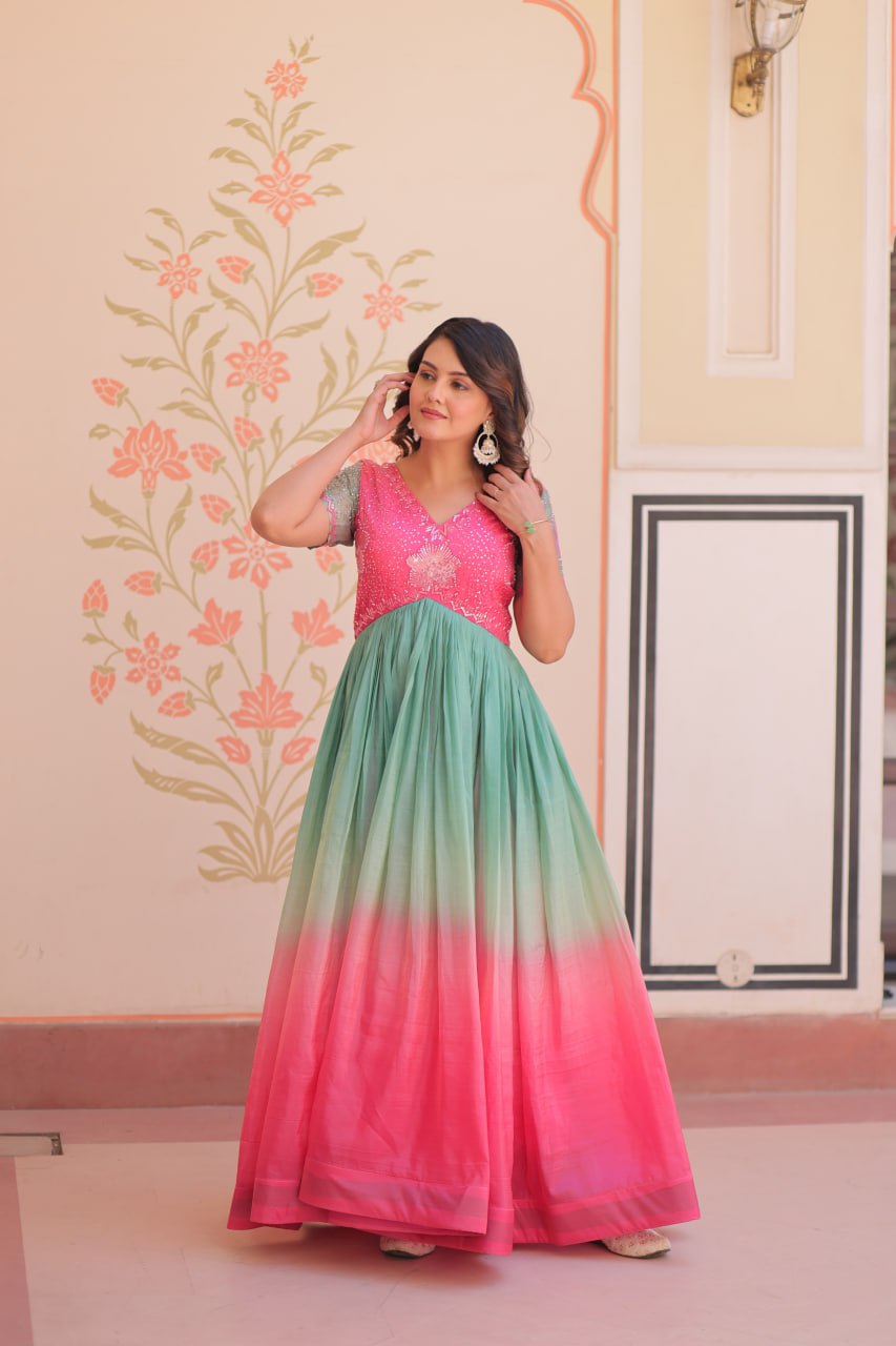 Gold Crush Padding With Beads Embroidered Work Gown