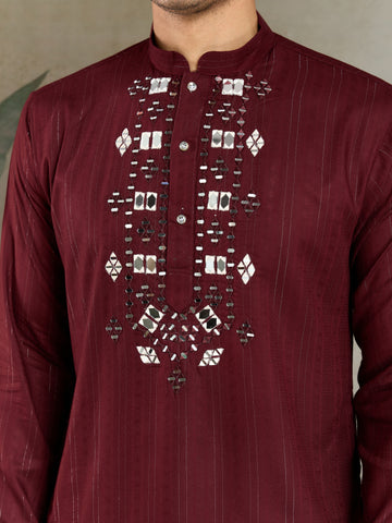 Traditional Maroon Mirror Embroidered Kurta with Dupatta