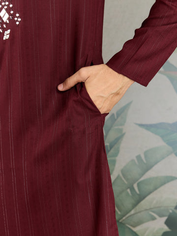 Traditional Maroon Mirror Embroidered Kurta with Dupatta