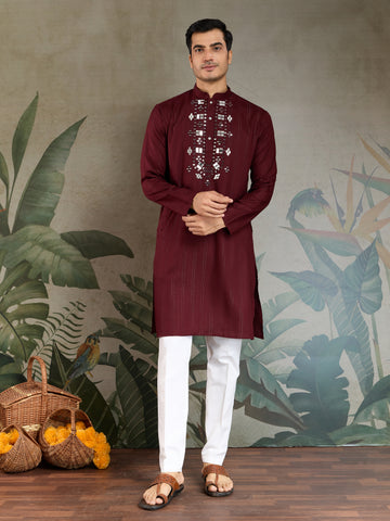 Traditional Maroon Mirror Embroidered Kurta with Dupatta