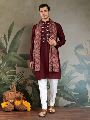 Traditional Maroon Mirror Embroidered Kurta with Dupatta