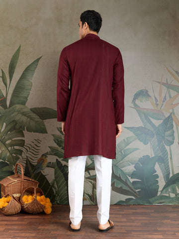 Traditional Maroon Mirror Embroidered Kurta with Dupatta