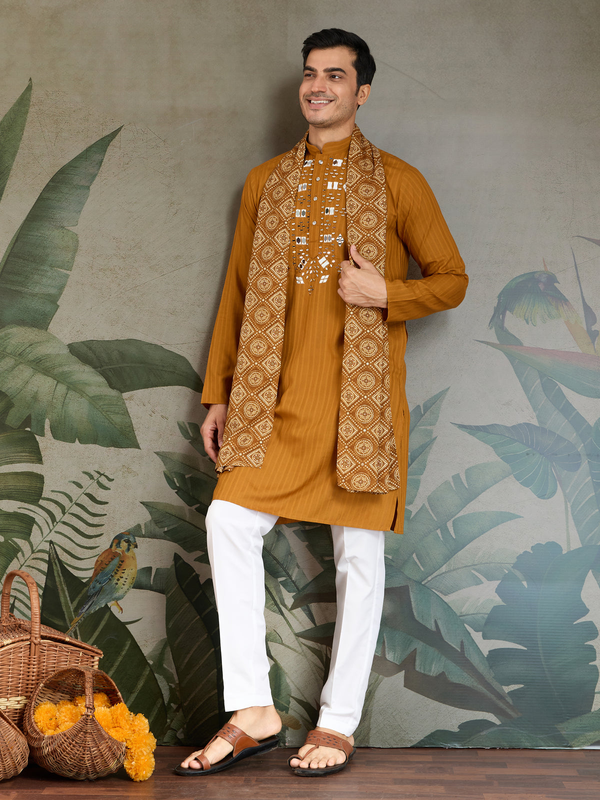 Wedding Special Mustard Mirror Kurta Set with Dupatta for Men
