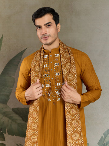 Wedding Special Mustard Mirror Kurta Set with Dupatta for Men