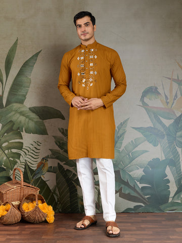 Wedding Special Mustard Mirror Kurta Set with Dupatta for Men