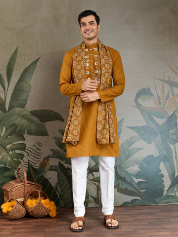 Wedding Special Mustard Mirror Kurta Set with Dupatta for Men