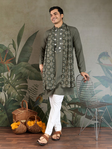 Premium Olive Green Mirror Work Kurta with Dupatta for Occasions