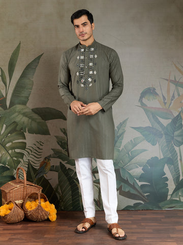 Premium Olive Green Mirror Work Kurta with Dupatta for Occasions