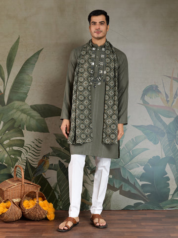 Premium Olive Green Mirror Work Kurta with Dupatta for Occasions