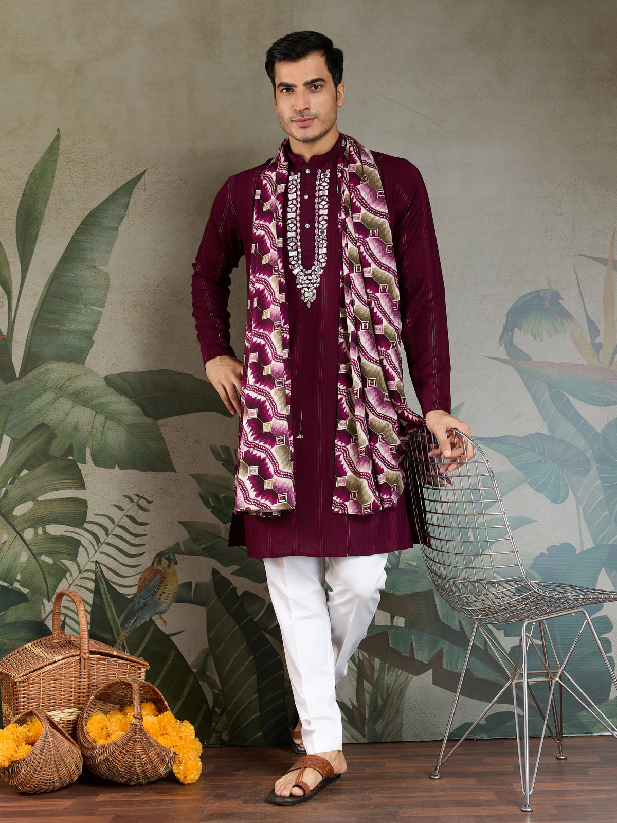 Designer Purple Men Kurta and Dupatta for Weddings