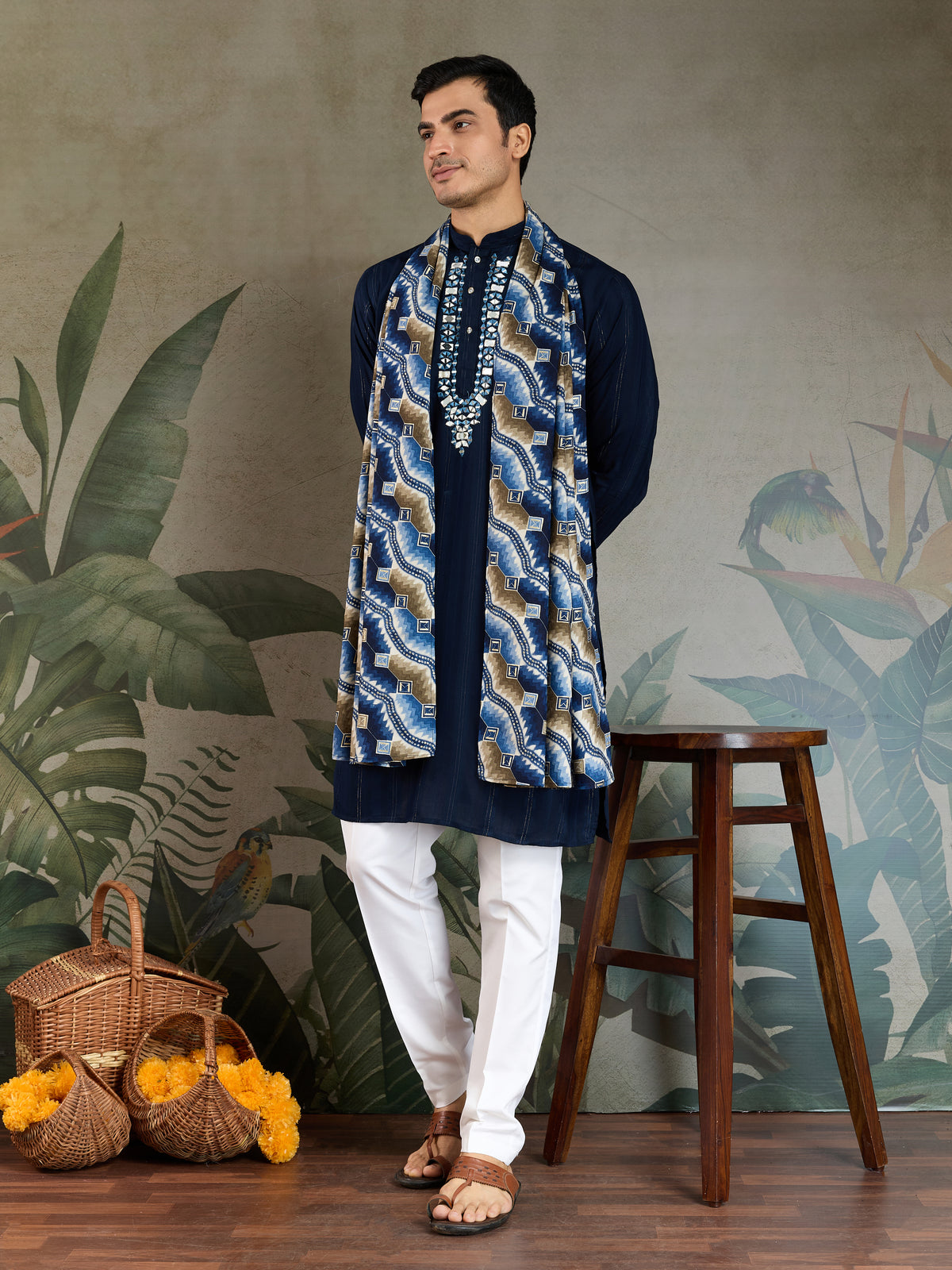 Elegant Navy Blue Mens Wear Kurta Set with Dupatta