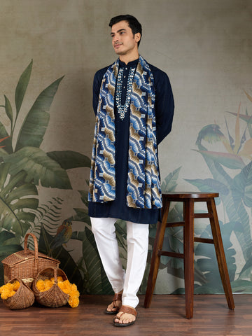 Elegant Navy Blue Mens Wear Kurta Set with Dupatta