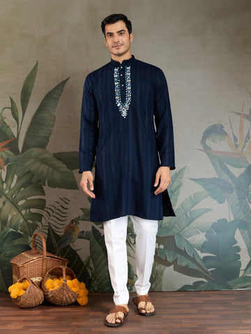Elegant Navy Blue Mens Wear Kurta Set with Dupatta