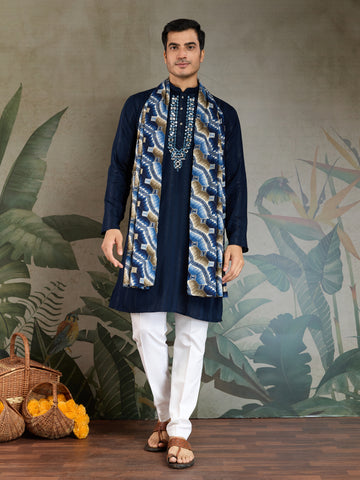 Elegant Navy Blue Mens Wear Kurta Set with Dupatta