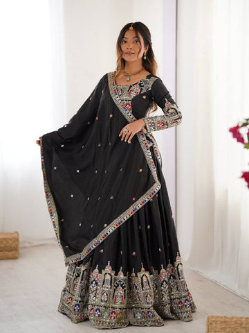 Premium Natural Crape Silk with Coding Dori with Thread & Sequence work Lehenga Choli Set