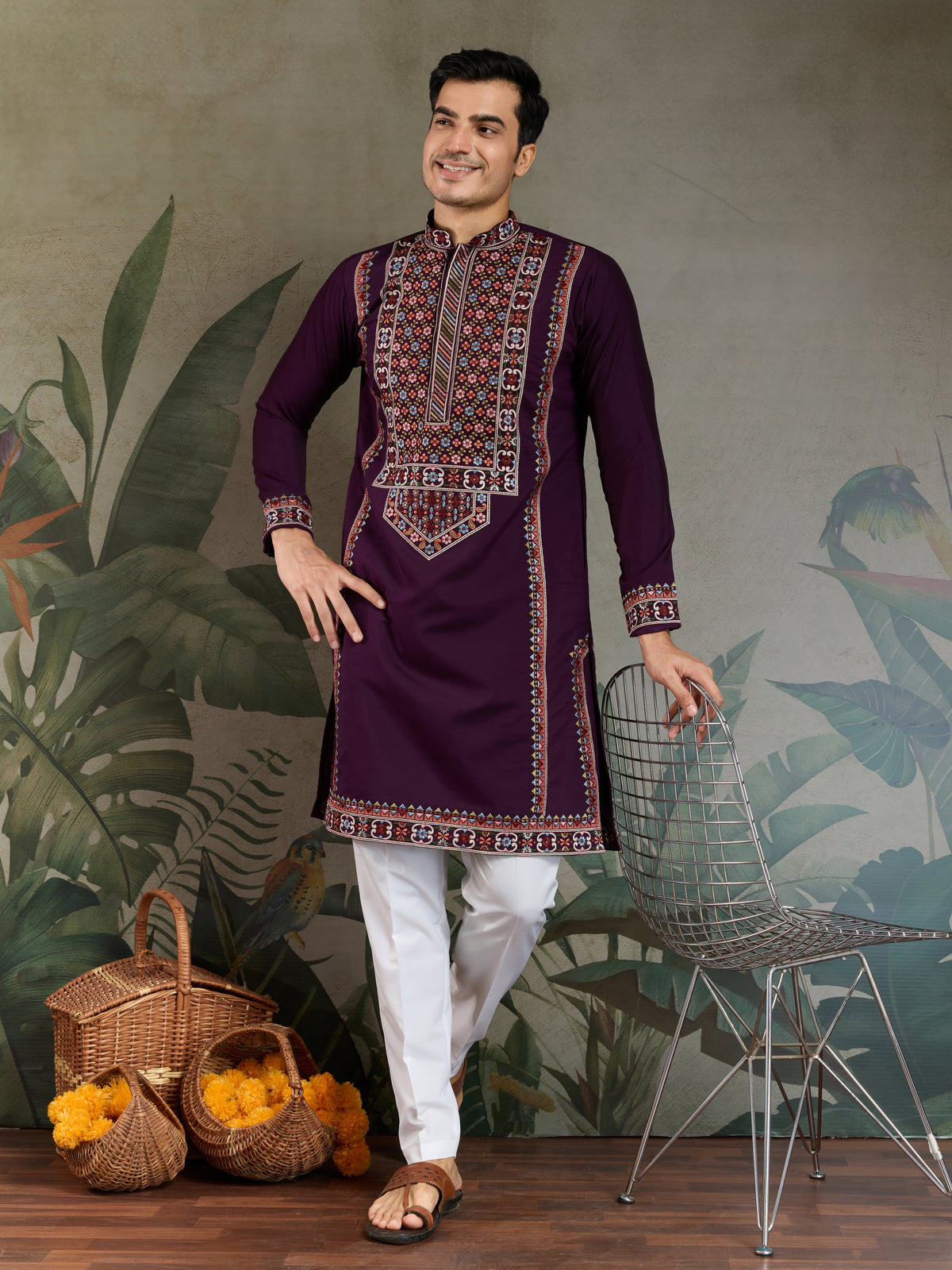 Engagement Special Purple Viscose Silk Outfit Kurta for Men
