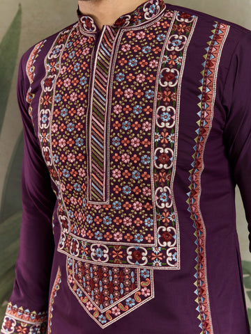 Engagement Special Purple Viscose Silk Outfit Kurta for Men