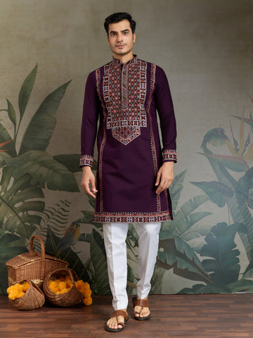 Engagement Special Purple Viscose Silk Outfit Kurta for Men
