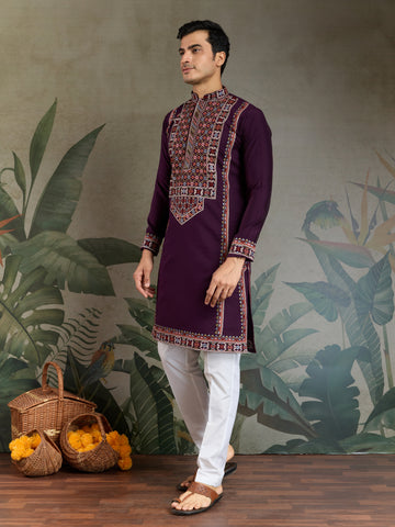 Engagement Special Purple Viscose Silk Outfit Kurta for Men