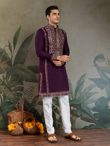 Engagement Special Purple Viscose Silk Outfit Kurta for Men