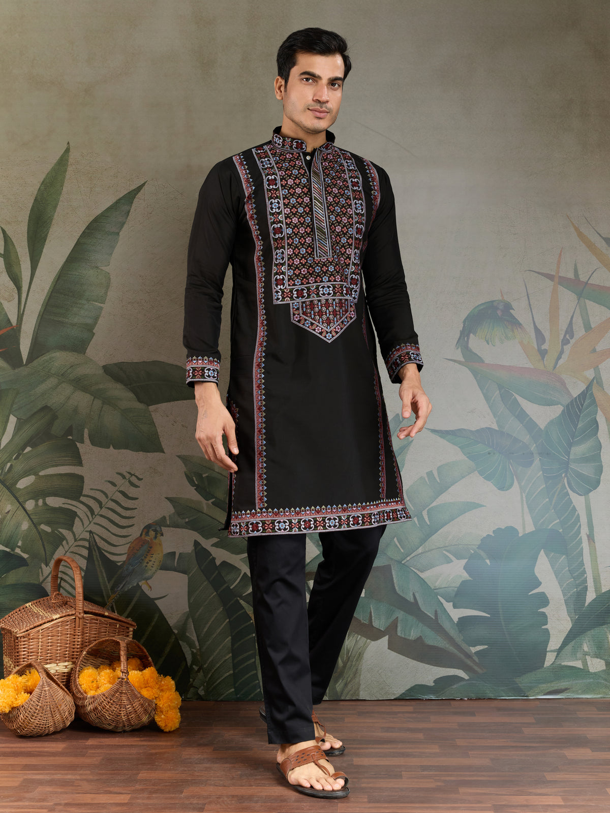 Designer Premium Embroidered Black Silk Kurta for Men