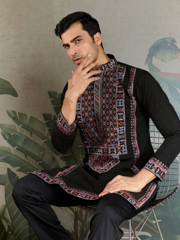 Designer Premium Embroidered Black Silk Kurta for Men