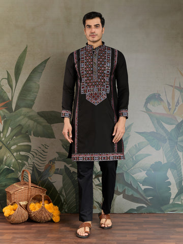 Designer Premium Embroidered Black Silk Kurta for Men