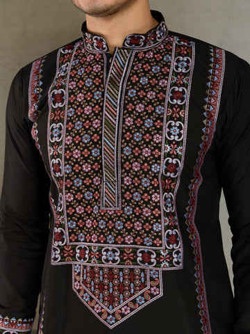 Designer Premium Embroidered Black Silk Kurta for Men