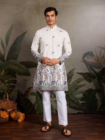 White Embroidered Work Kurta for Groom Wedding Look