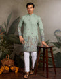 Embroidered Pista Green Wedding Kurta for Mens