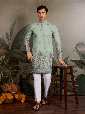 Embroidered Pista Green Wedding Kurta for Mens