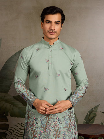 Embroidered Pista Green Wedding Kurta for Mens