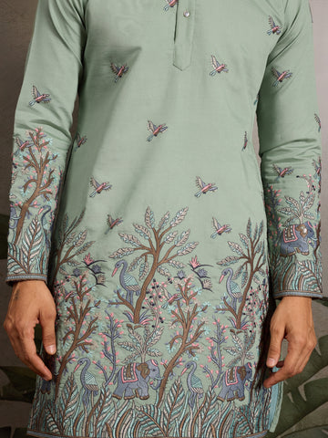 Embroidered Pista Green Wedding Kurta for Mens