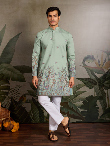 Embroidered Pista Green Wedding Kurta for Mens