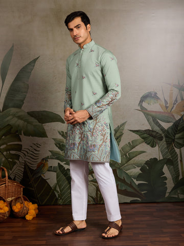 Embroidered Pista Green Wedding Kurta for Mens