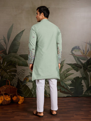 Embroidered Pista Green Wedding Kurta for Mens