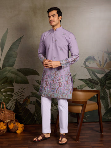 Premium Lavender Embroidered Kurta for Mens Wear
