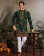 Embroidered Look Wedding Green Kurta for Men
