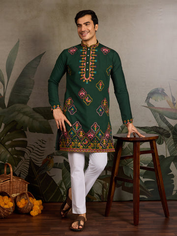 Embroidered Look Wedding Green Kurta for Men
