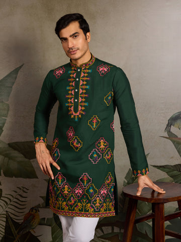 Embroidered Look Wedding Green Kurta for Men