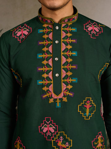 Embroidered Look Wedding Green Kurta for Men
