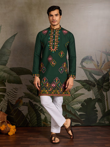 Embroidered Look Wedding Green Kurta for Men