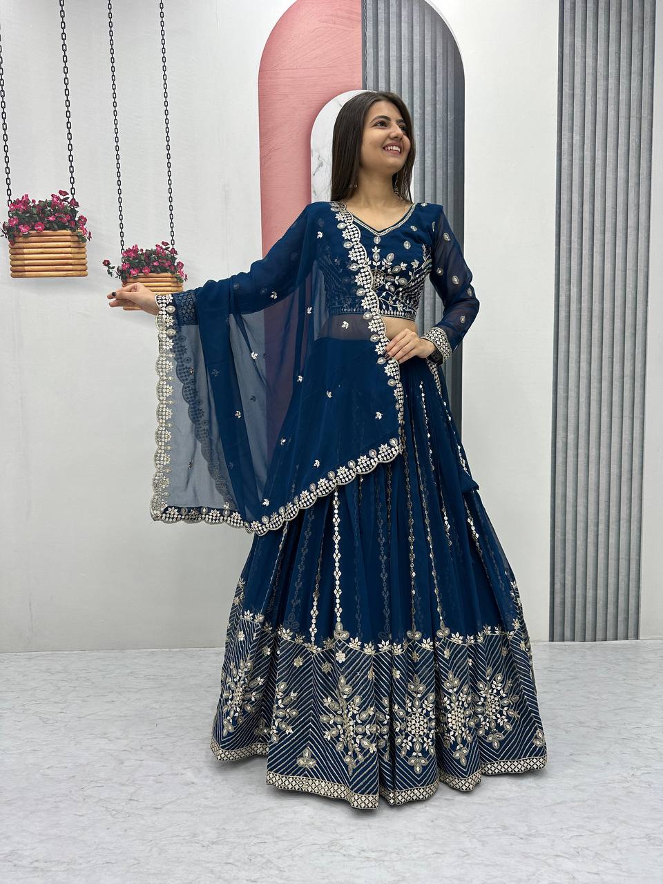 Premium Heavy Faux Georgette Heavy Embroidery 7 MM Sequence Work Ready to Wear Lehenga Choli Set