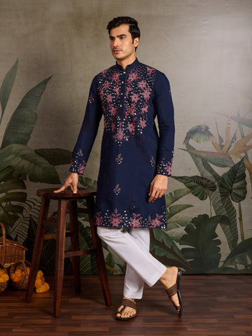 Wedding Special Navy Blue Embroidered Mens Kurta Set