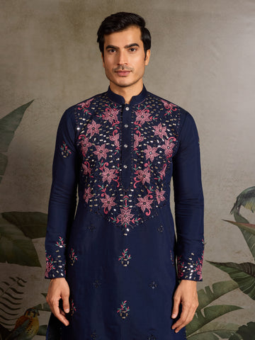 Wedding Special Navy Blue Embroidered Mens Kurta Set
