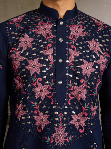 Wedding Special Navy Blue Embroidered Mens Kurta Set