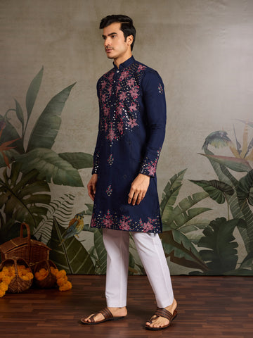 Wedding Special Navy Blue Embroidered Mens Kurta Set