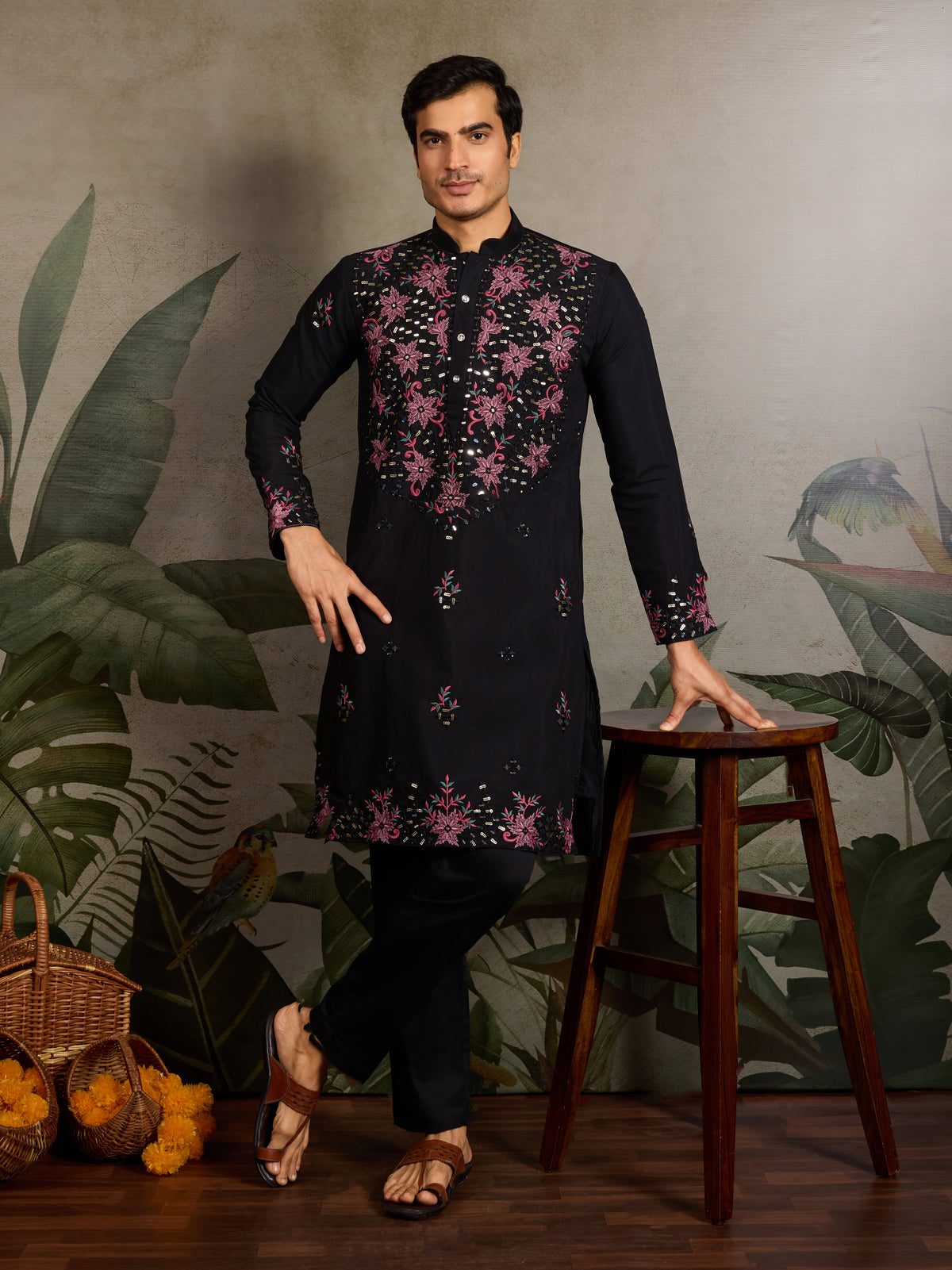 Black Mirror Work with Embroidered Kurta Set for Men
