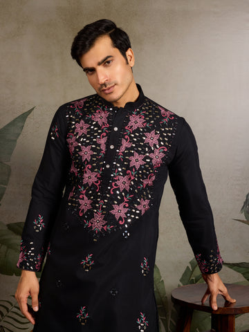 Black Mirror Work with Embroidered Kurta Set for Men