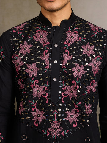 Black Mirror Work with Embroidered Kurta Set for Men